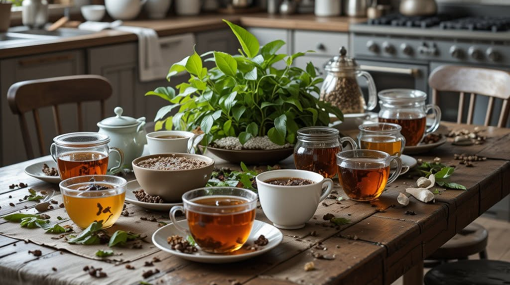 Tea table with cups and botanicals